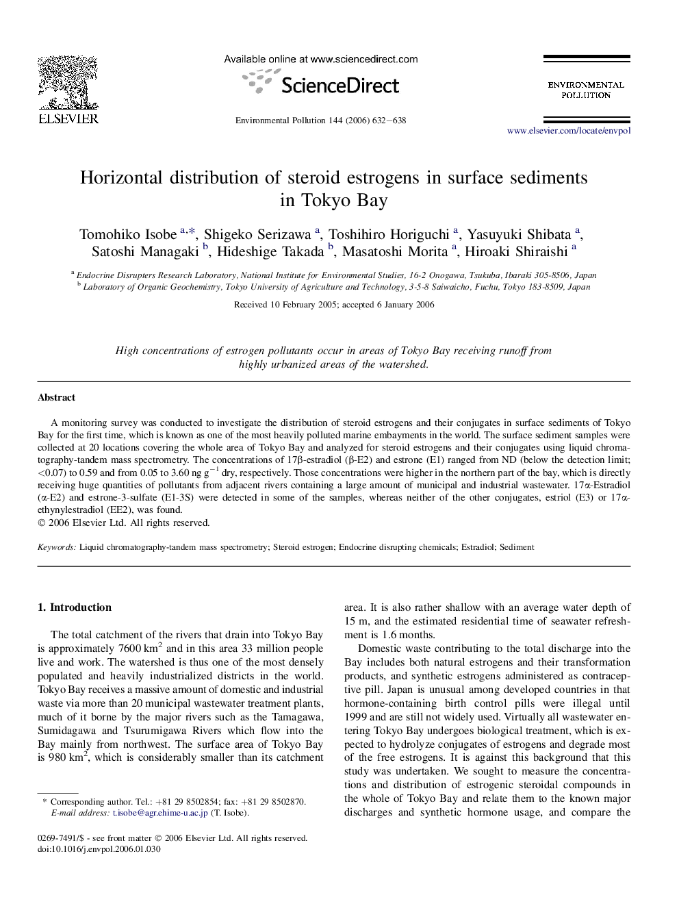 Horizontal distribution of steroid estrogens in surface sediments in Tokyo Bay