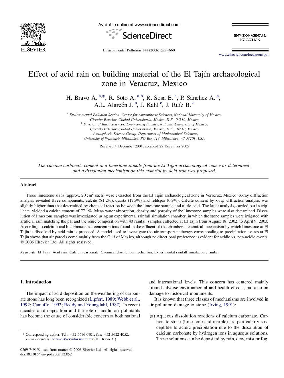 Effect of acid rain on building material of the El TajÃ­n archaeological zone in Veracruz, Mexico