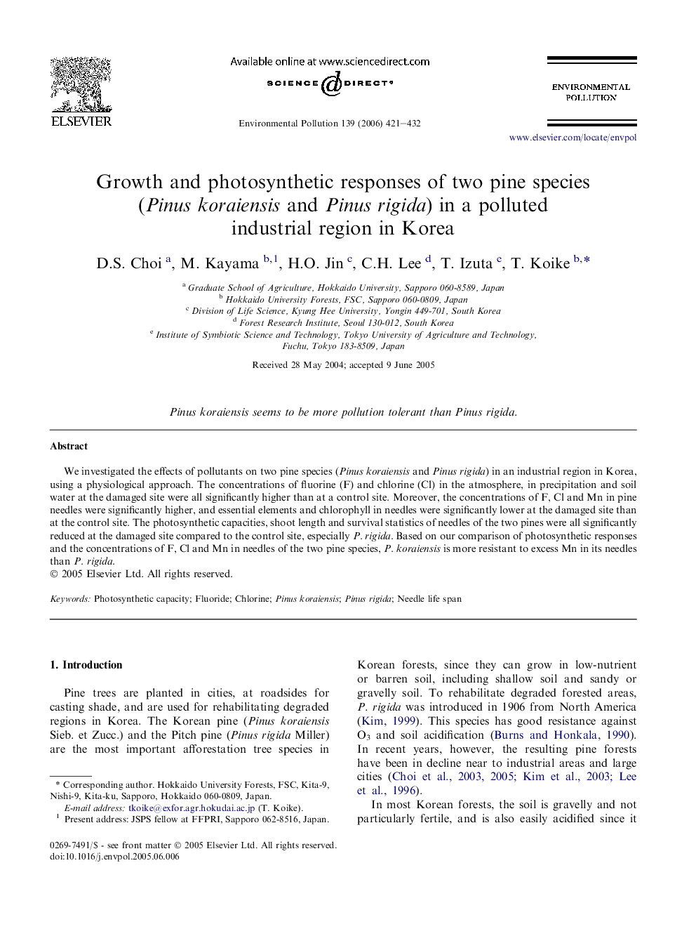 Growth and photosynthetic responses of two pine species (Pinus koraiensis and Pinus rigida) in a polluted industrial region in Korea