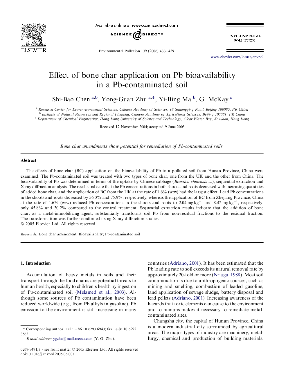 Effect of bone char application on Pb bioavailability in a Pb-contaminated soil