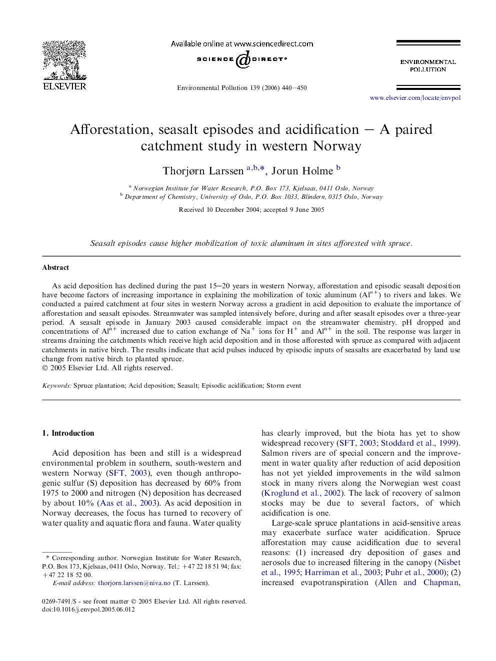 Afforestation, seasalt episodes and acidification – A paired catchment study in western Norway