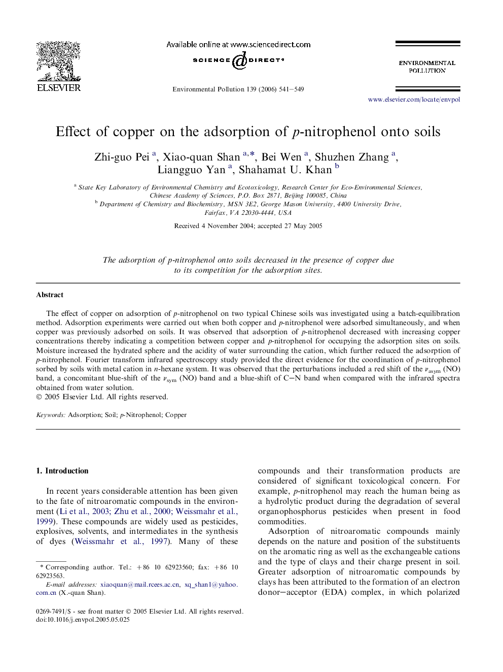 Effect of copper on the adsorption of p-nitrophenol onto soils