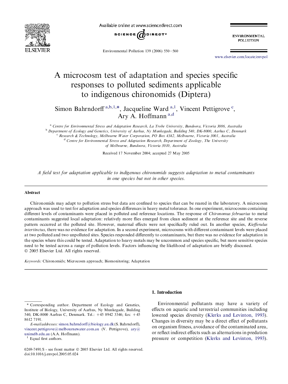 A microcosm test of adaptation and species specific responses to polluted sediments applicable to indigenous chironomids (Diptera)