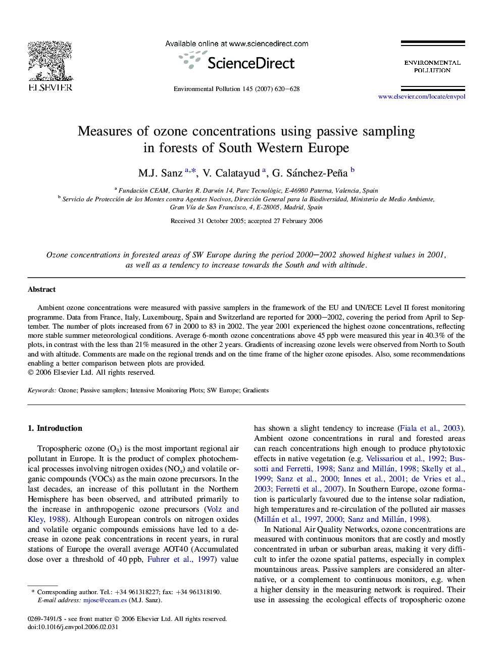 Measures of ozone concentrations using passive sampling in forests of South Western Europe