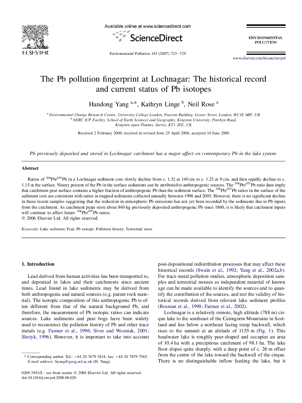 The Pb pollution fingerprint at Lochnagar: The historical record and current status of Pb isotopes