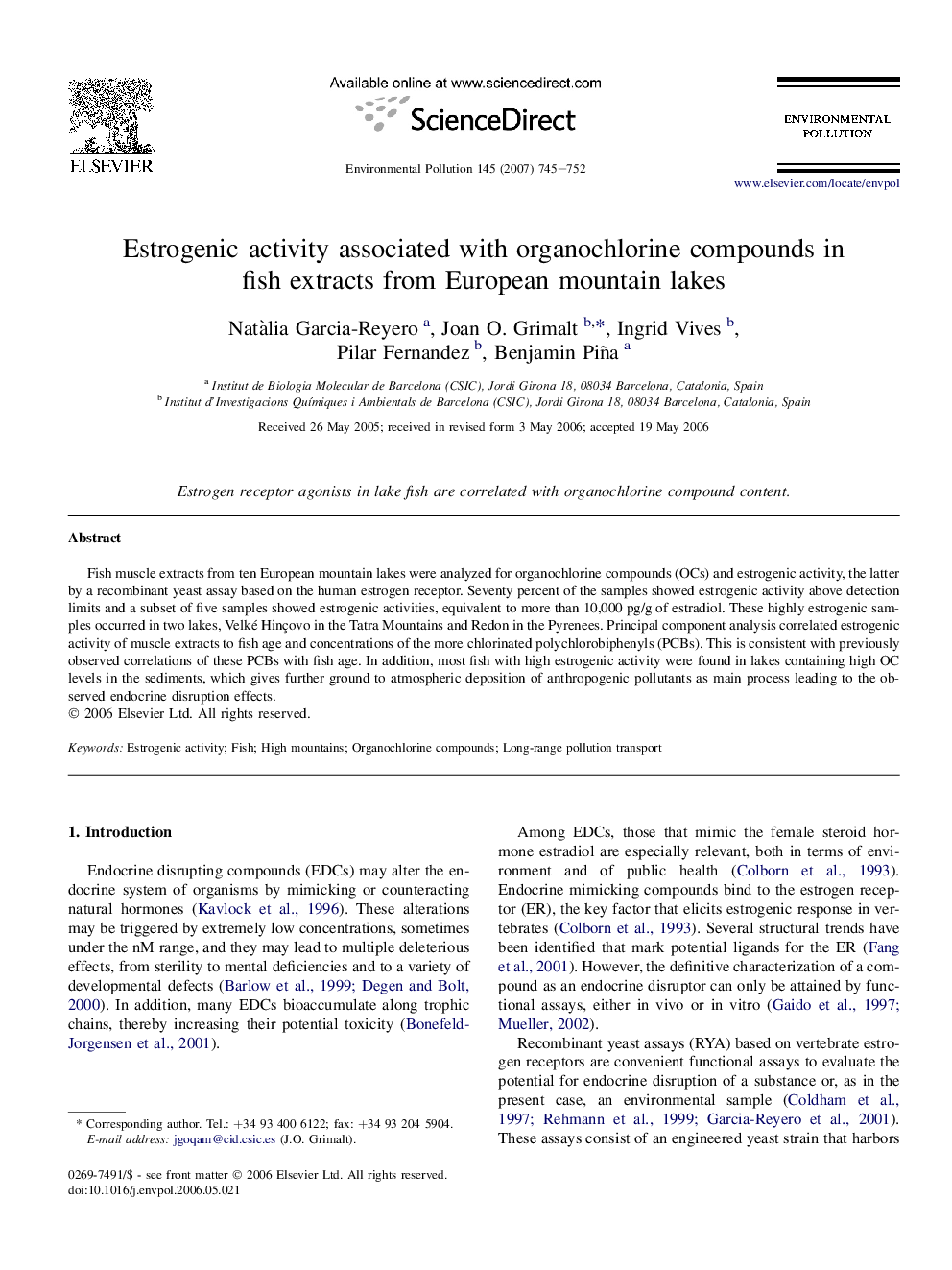 Estrogenic activity associated with organochlorine compounds in fish extracts from European mountain lakes