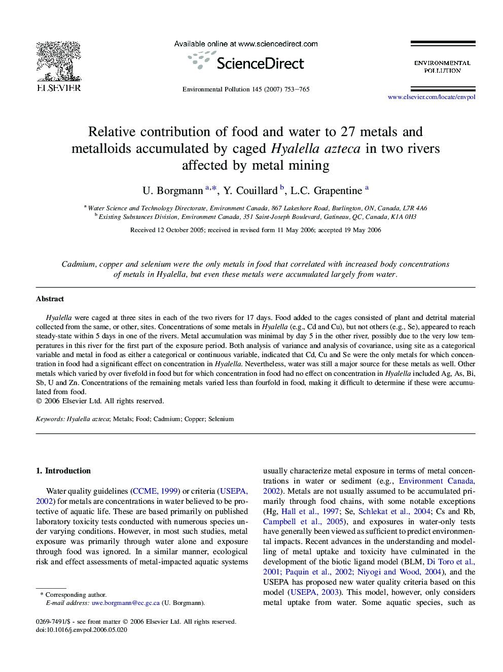 Relative contribution of food and water to 27 metals and metalloids accumulated by caged Hyalella azteca in two rivers affected by metal mining