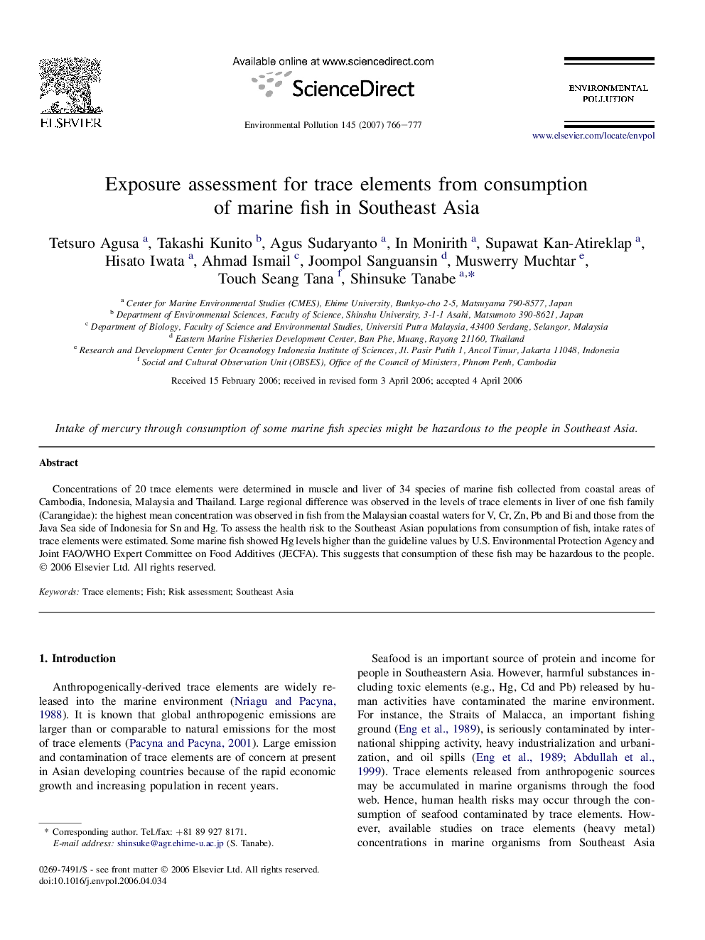 Exposure assessment for trace elements from consumption of marine fish in Southeast Asia