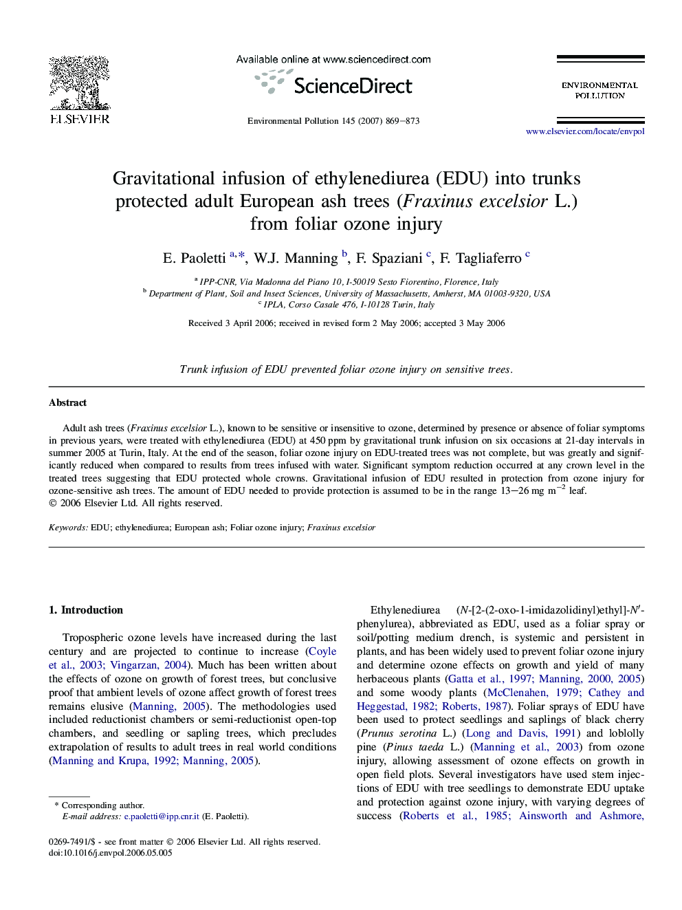 Gravitational infusion of ethylenediurea (EDU) into trunks protected adult European ash trees (Fraxinus excelsior L.) from foliar ozone injury