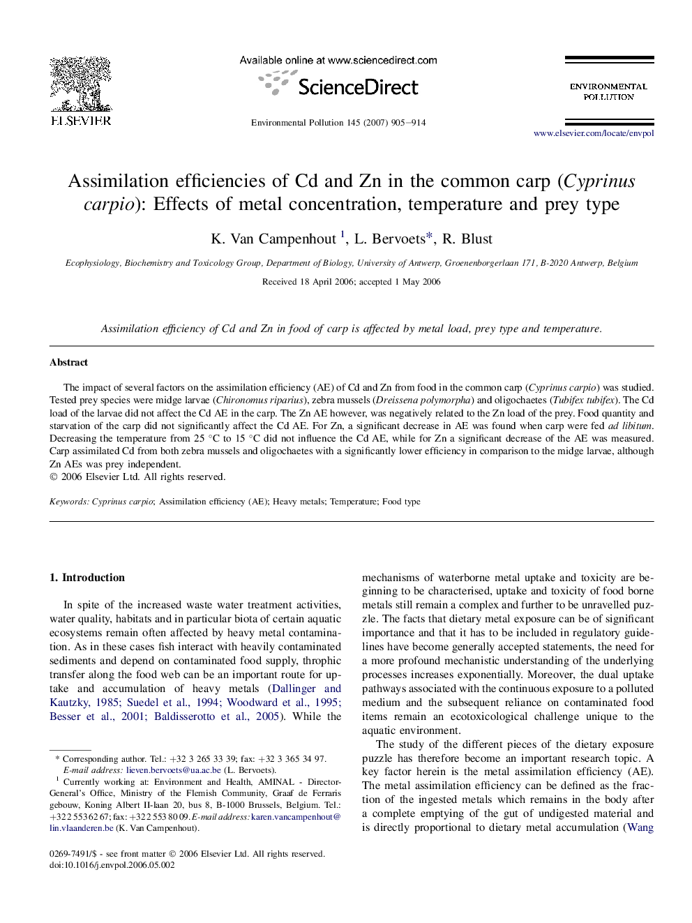 Assimilation efficiencies of Cd and Zn in the common carp (Cyprinus carpio): Effects of metal concentration, temperature and prey type