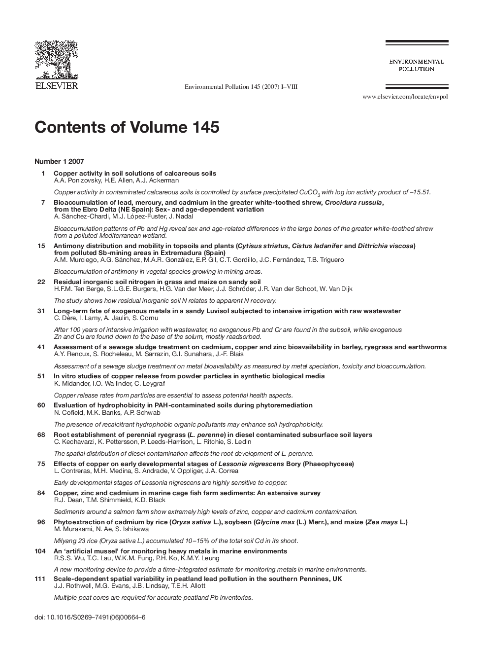 Contents of Volume 145