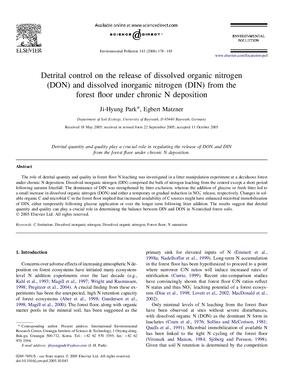 Detrital control on the release of dissolved organic nitrogen (DON) and dissolved inorganic nitrogen (DIN) from the forest floor under chronic N deposition