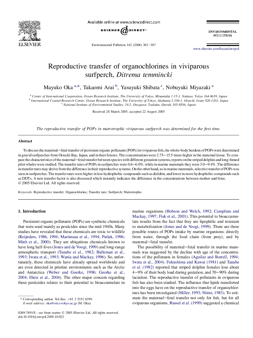 Reproductive transfer of organochlorines in viviparous surfperch, Ditrema temmincki