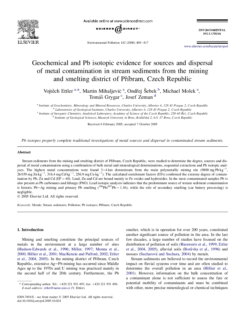 Geochemical and Pb isotopic evidence for sources and dispersal of metal contamination in stream sediments from the mining and smelting district of Příbram, Czech Republic