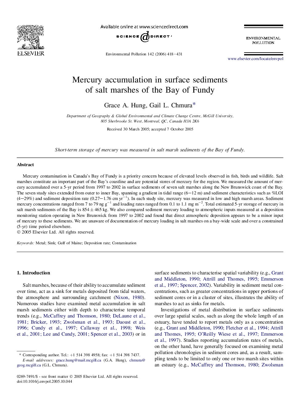 Mercury accumulation in surface sediments of salt marshes of the Bay of Fundy