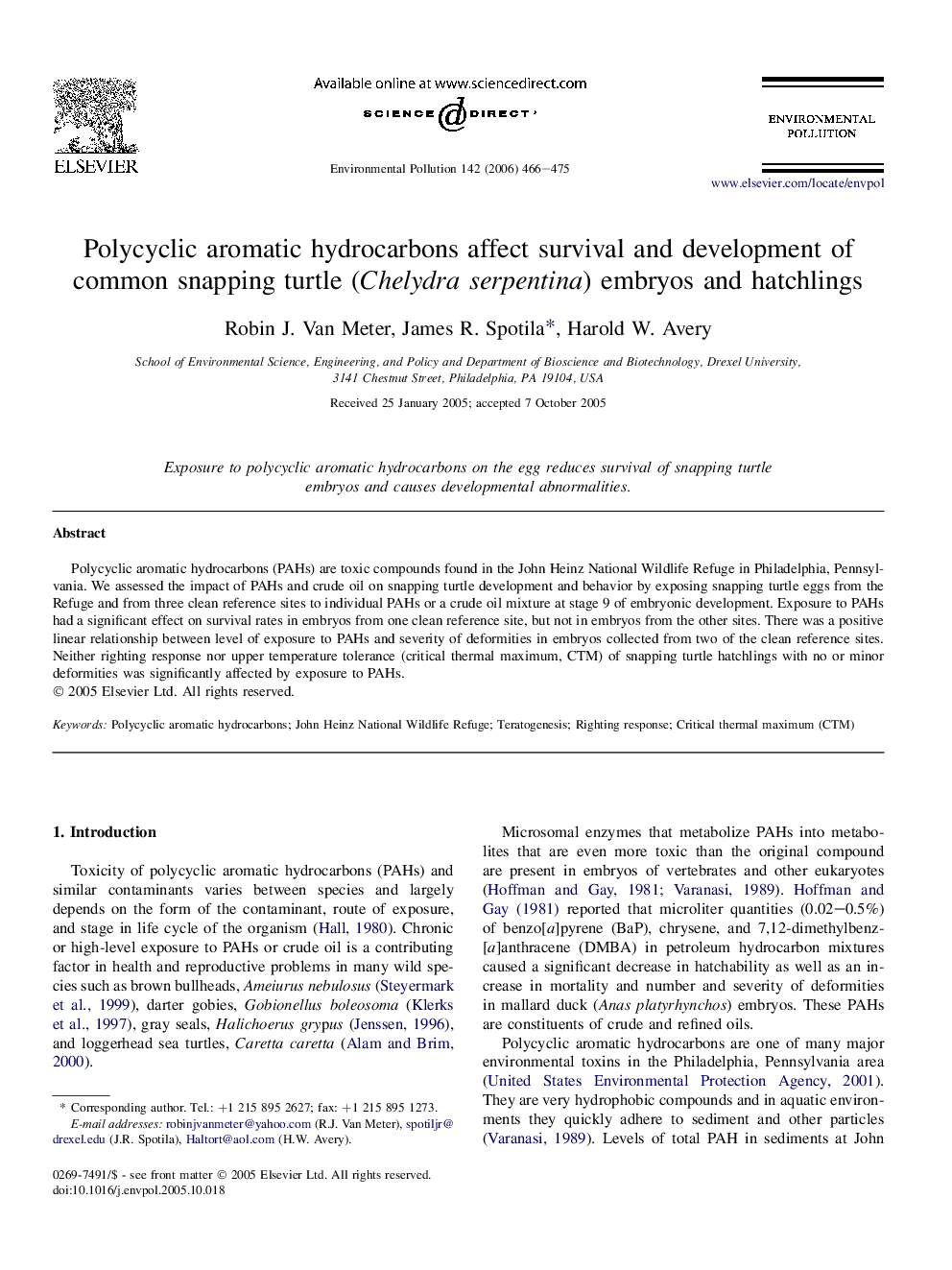 Polycyclic aromatic hydrocarbons affect survival and development of common snapping turtle (Chelydra serpentina) embryos and hatchlings