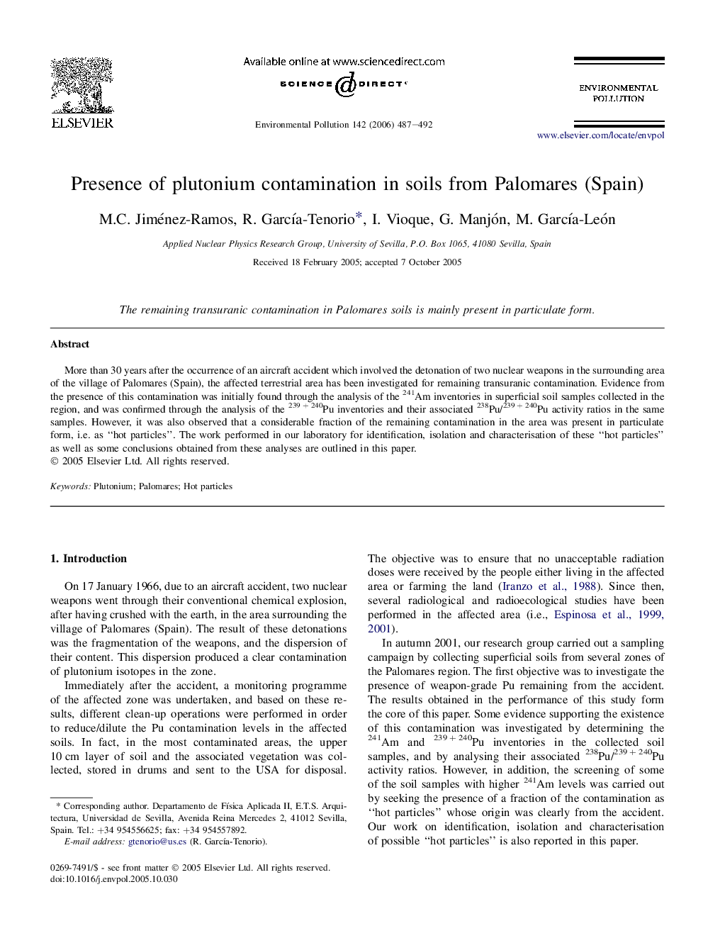 Presence of plutonium contamination in soils from Palomares (Spain)