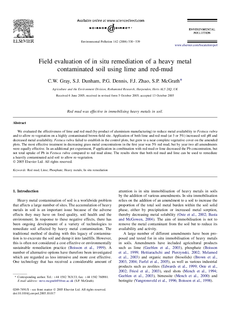 Field evaluation of in situ remediation of a heavy metal contaminated soil using lime and red-mud