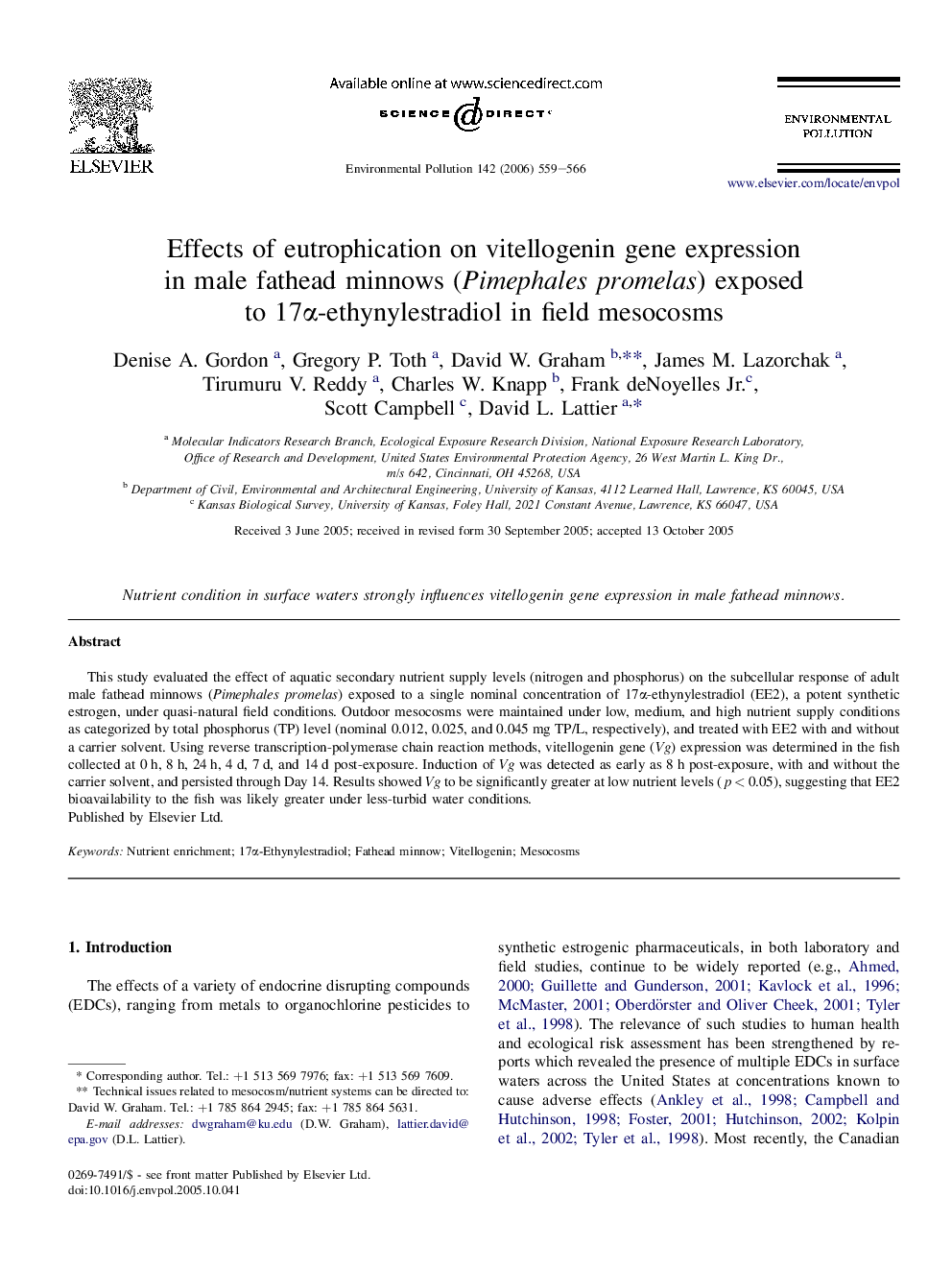 Effects of eutrophication on vitellogenin gene expression in male fathead minnows (Pimephales promelas) exposed to 17Î±-ethynylestradiol in field mesocosms