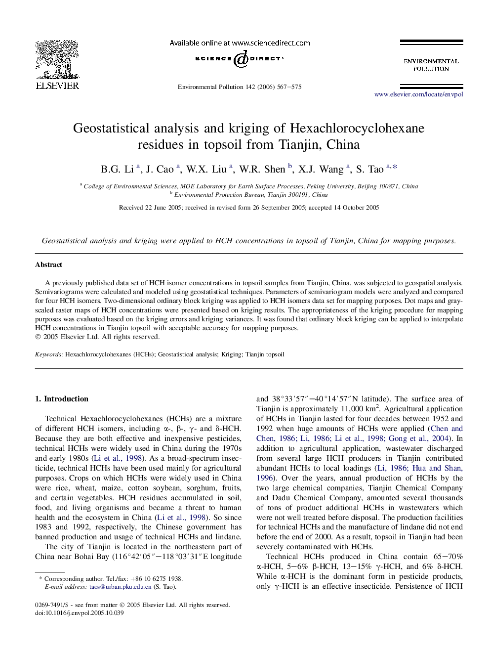 Geostatistical analysis and kriging of Hexachlorocyclohexane residues in topsoil from Tianjin, China