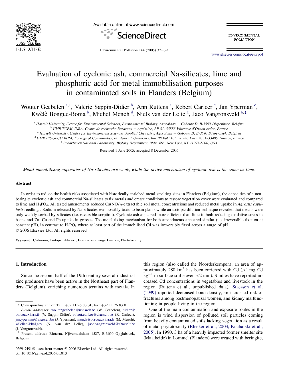 Evaluation of cyclonic ash, commercial Na-silicates, lime and phosphoric acid for metal immobilisation purposes in contaminated soils in Flanders (Belgium)