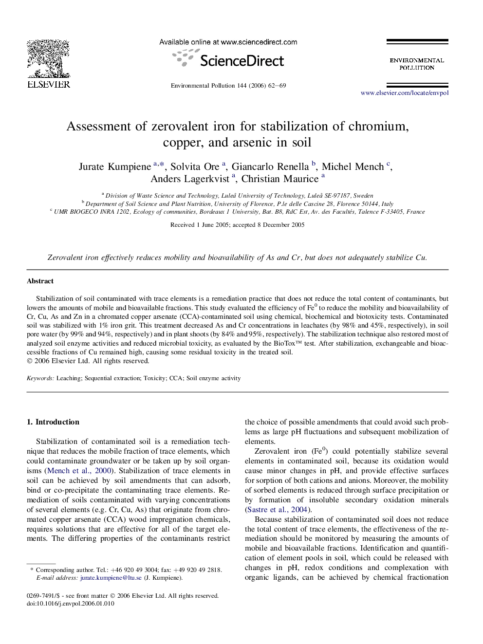 Assessment of zerovalent iron for stabilization of chromium, copper, and arsenic in soil