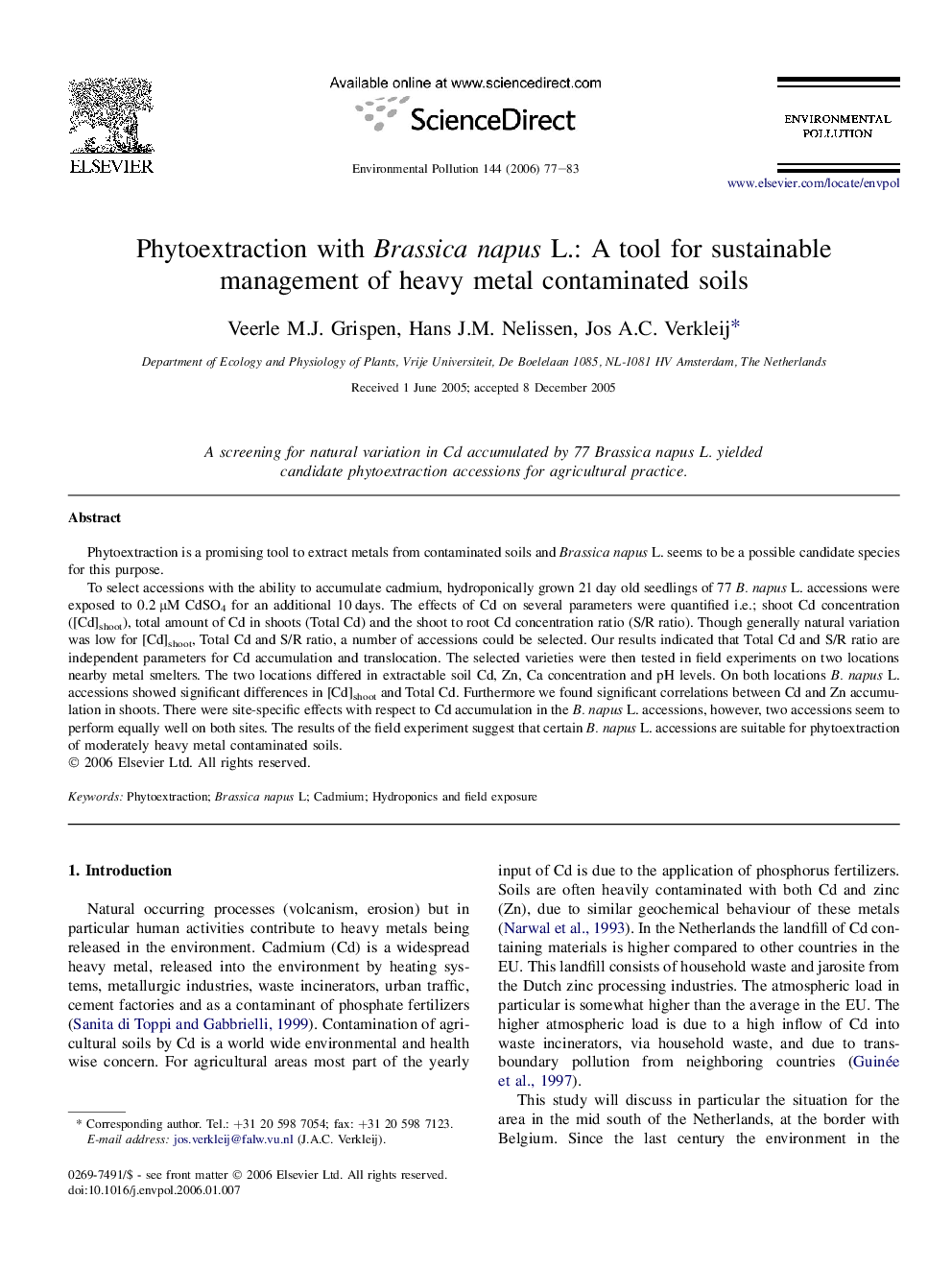 Phytoextraction with Brassica napus L.: A tool for sustainable management of heavy metal contaminated soils