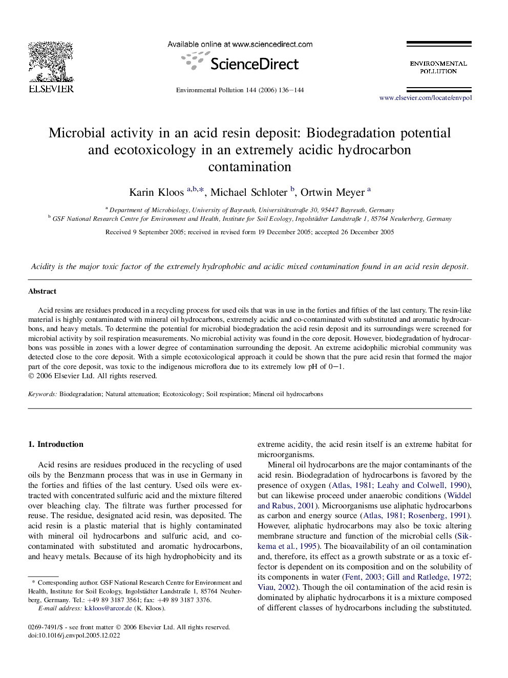 Microbial activity in an acid resin deposit: Biodegradation potential and ecotoxicology in an extremely acidic hydrocarbon contamination