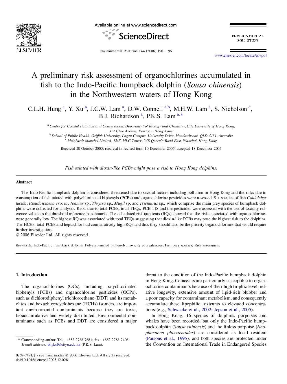 A preliminary risk assessment of organochlorines accumulated in fish to the Indo-Pacific humpback dolphin (Sousa chinensis) in the Northwestern waters of Hong Kong