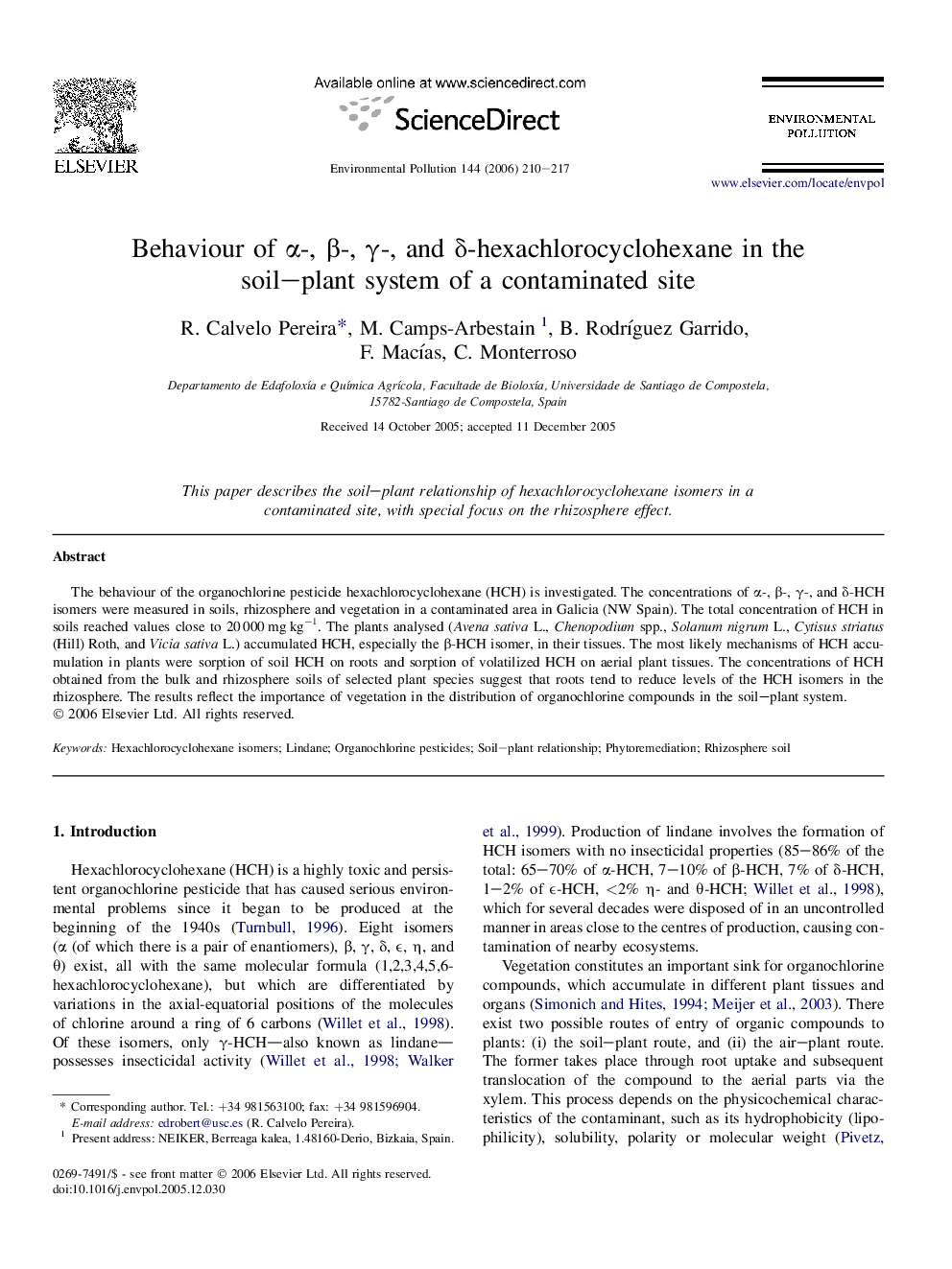 Behaviour of α-, β-, γ-, and δ-hexachlorocyclohexane in the soil–plant system of a contaminated site