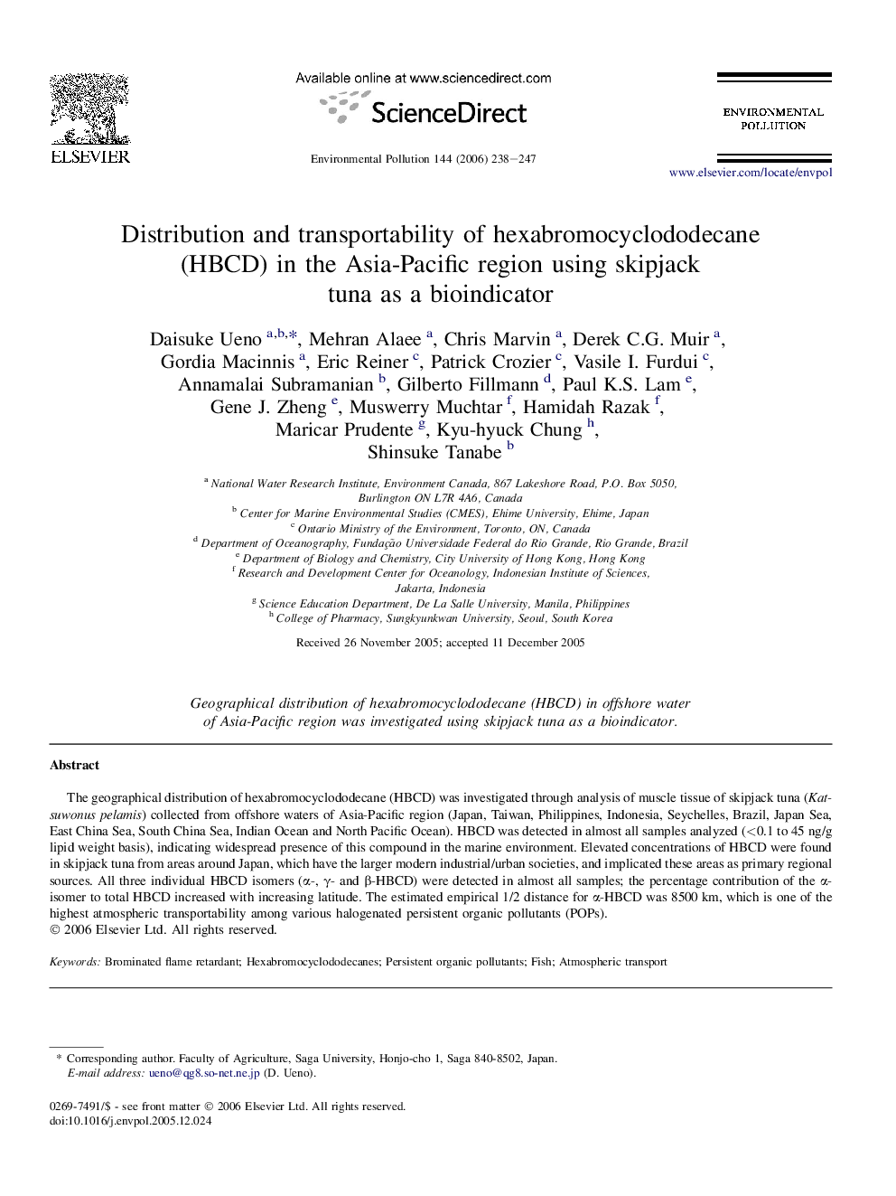 Distribution and transportability of hexabromocyclododecane (HBCD) in the Asia-Pacific region using skipjack tuna as a bioindicator