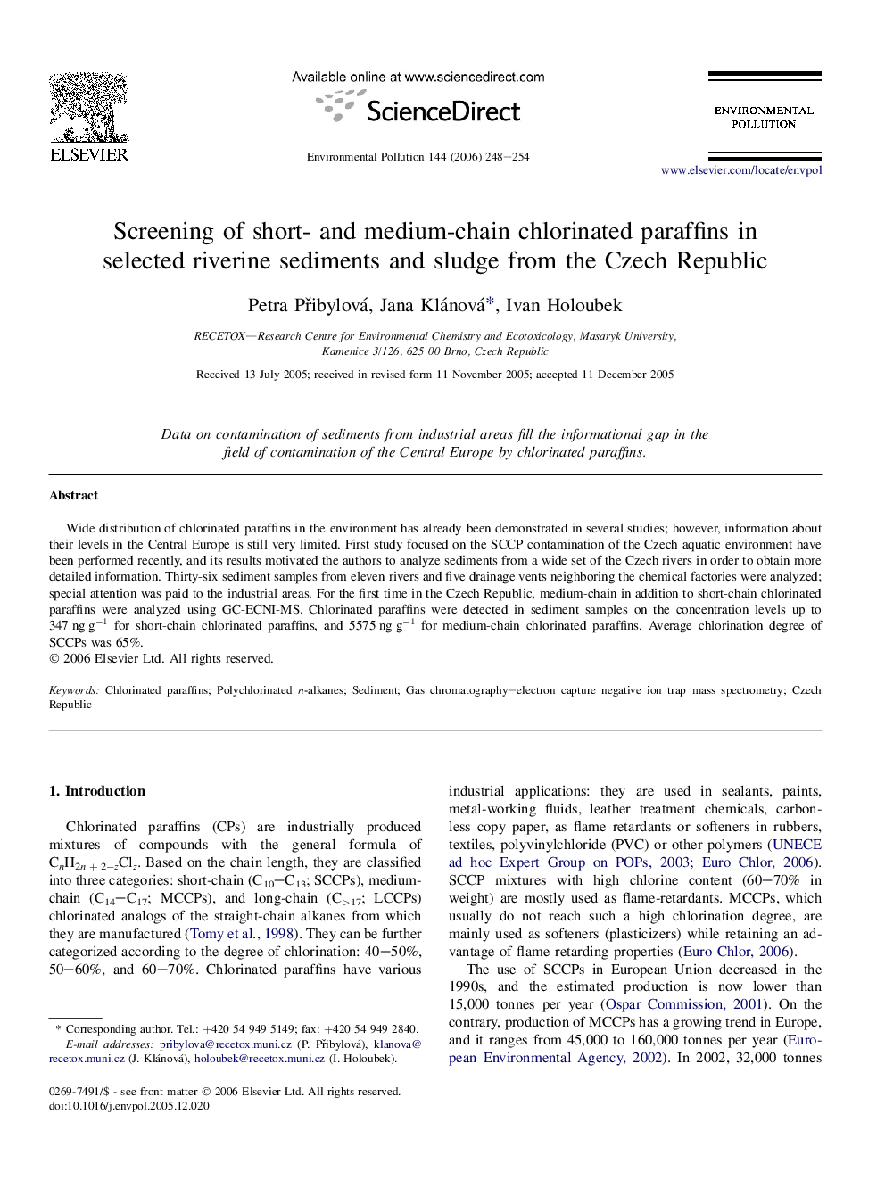 Screening of short- and medium-chain chlorinated paraffins in selected riverine sediments and sludge from the Czech Republic