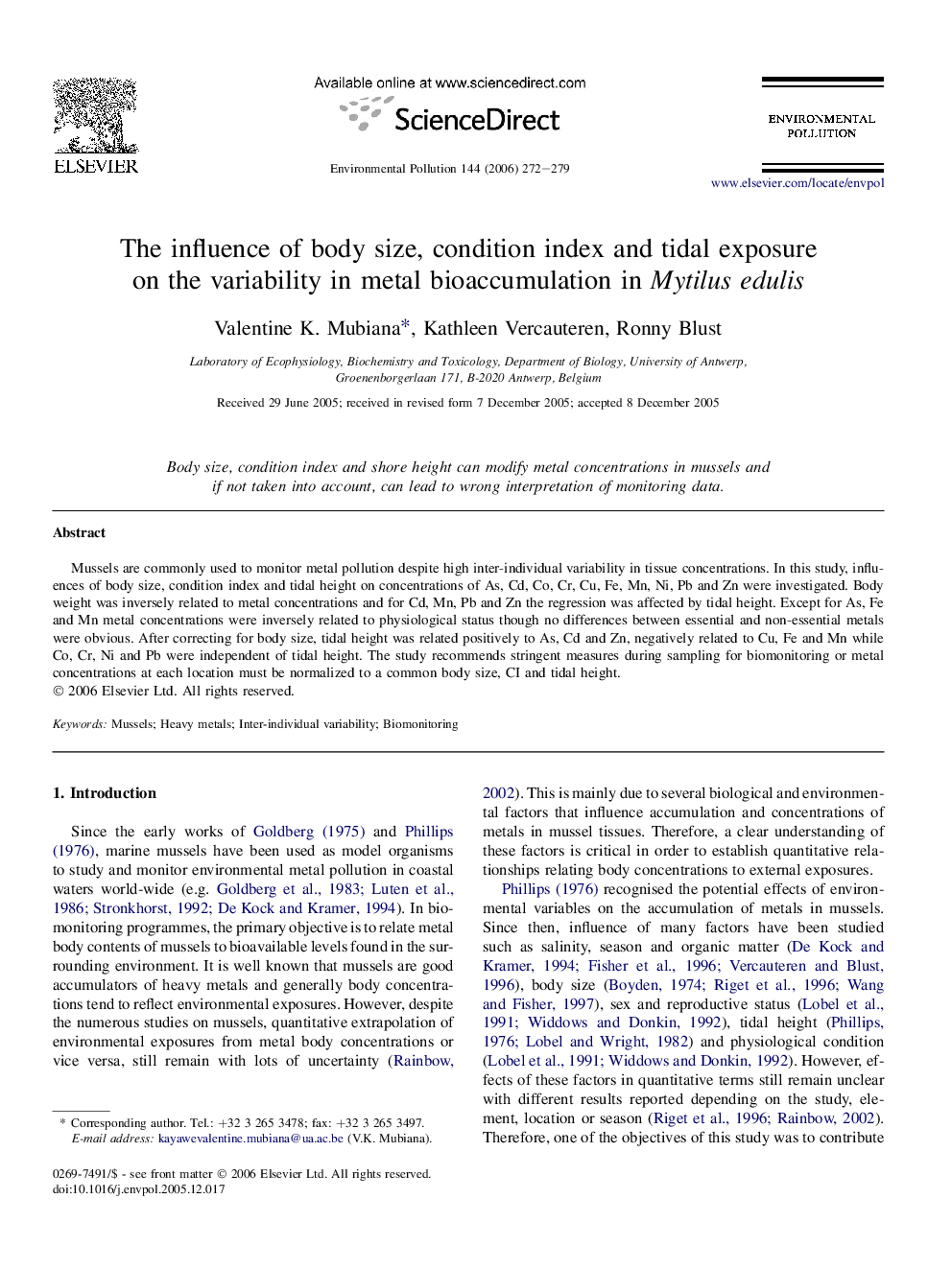 The influence of body size, condition index and tidal exposure on the variability in metal bioaccumulation in Mytilus edulis