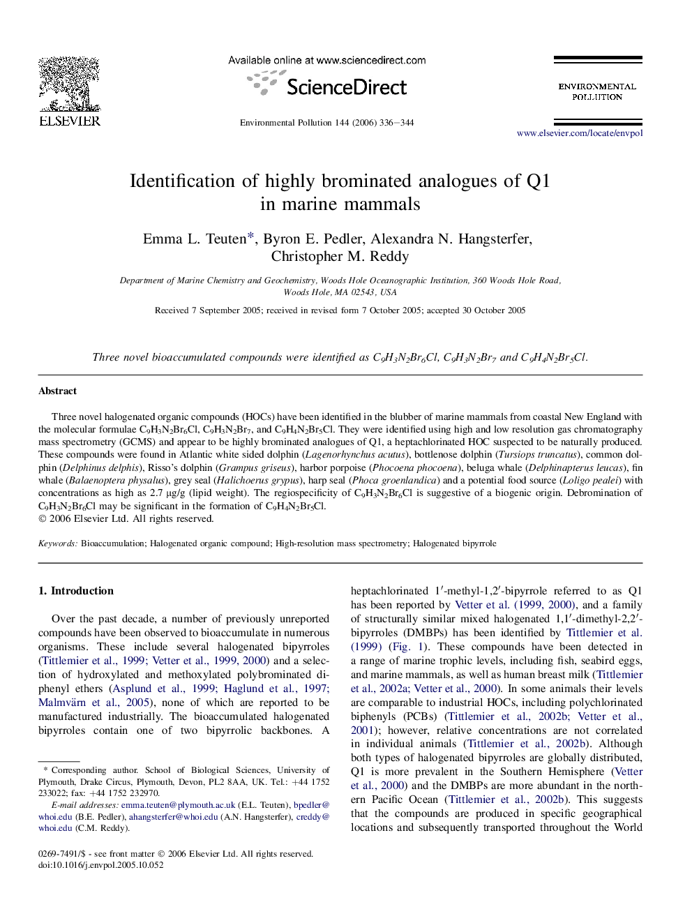 Identification of highly brominated analogues of Q1 in marine mammals