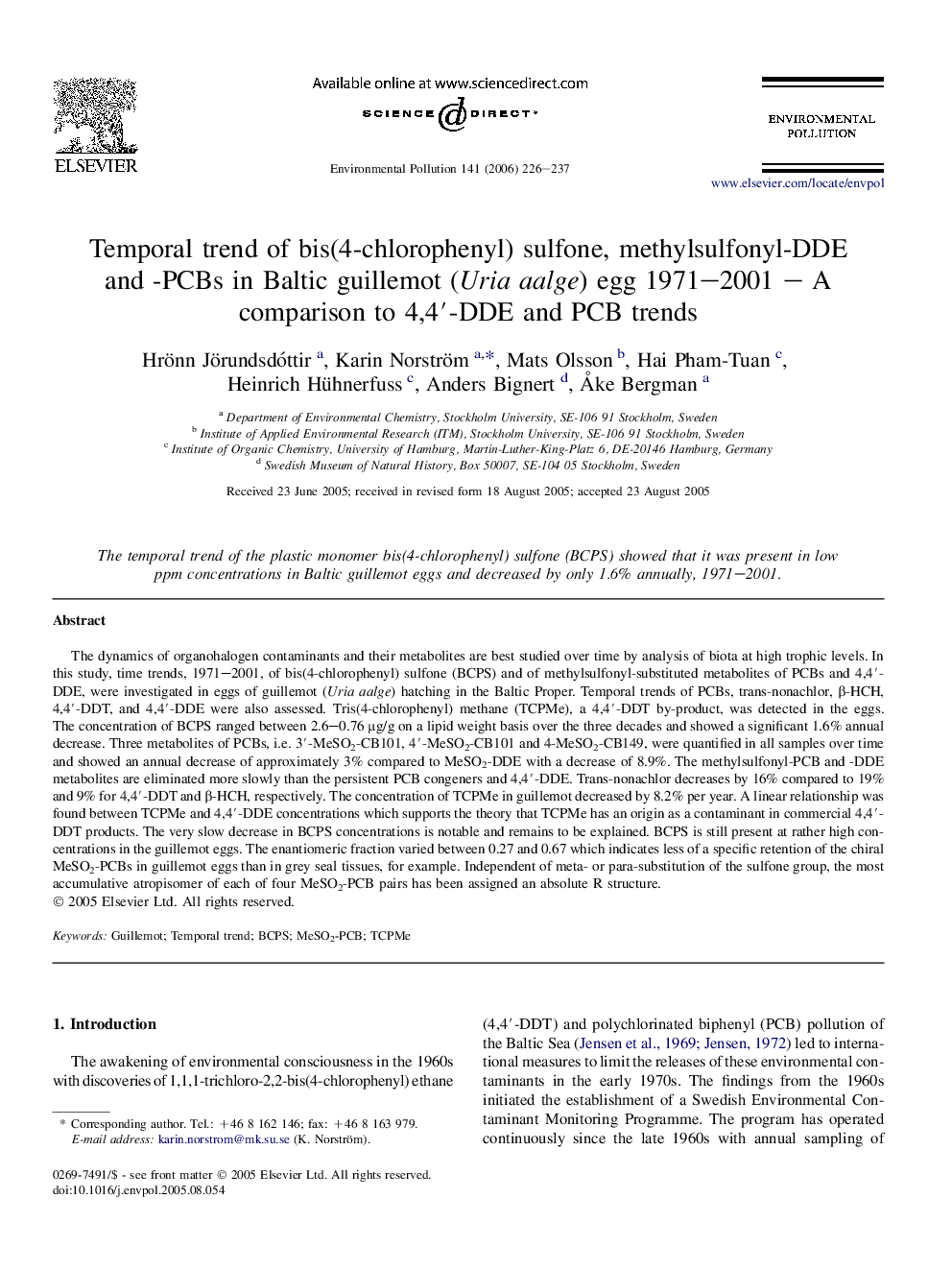 Temporal trend of bis(4-chlorophenyl) sulfone, methylsulfonyl-DDE and -PCBs in Baltic guillemot (Uria aalge) egg 1971–2001 – A comparison to 4,4′-DDE and PCB trends