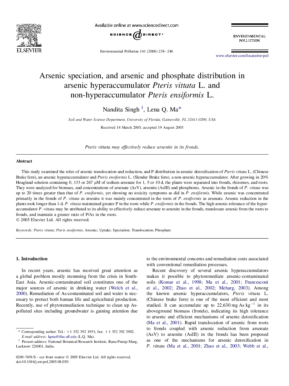 Arsenic speciation, and arsenic and phosphate distribution in arsenic hyperaccumulator Pteris vittata L. and non-hyperaccumulator Pteris ensiformis L.