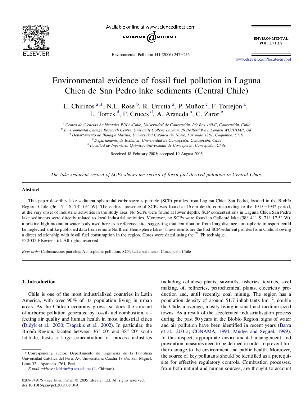 Environmental evidence of fossil fuel pollution in Laguna Chica de San Pedro lake sediments (Central Chile)