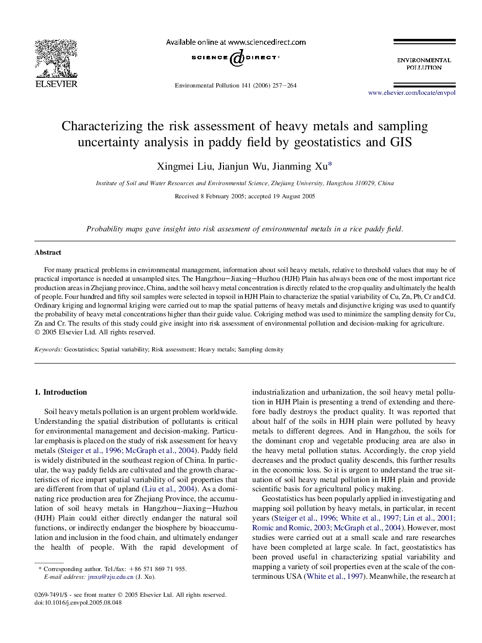 Characterizing the risk assessment of heavy metals and sampling uncertainty analysis in paddy field by geostatistics and GIS