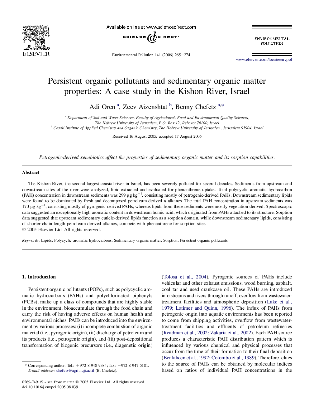 Persistent organic pollutants and sedimentary organic matter properties: A case study in the Kishon River, Israel