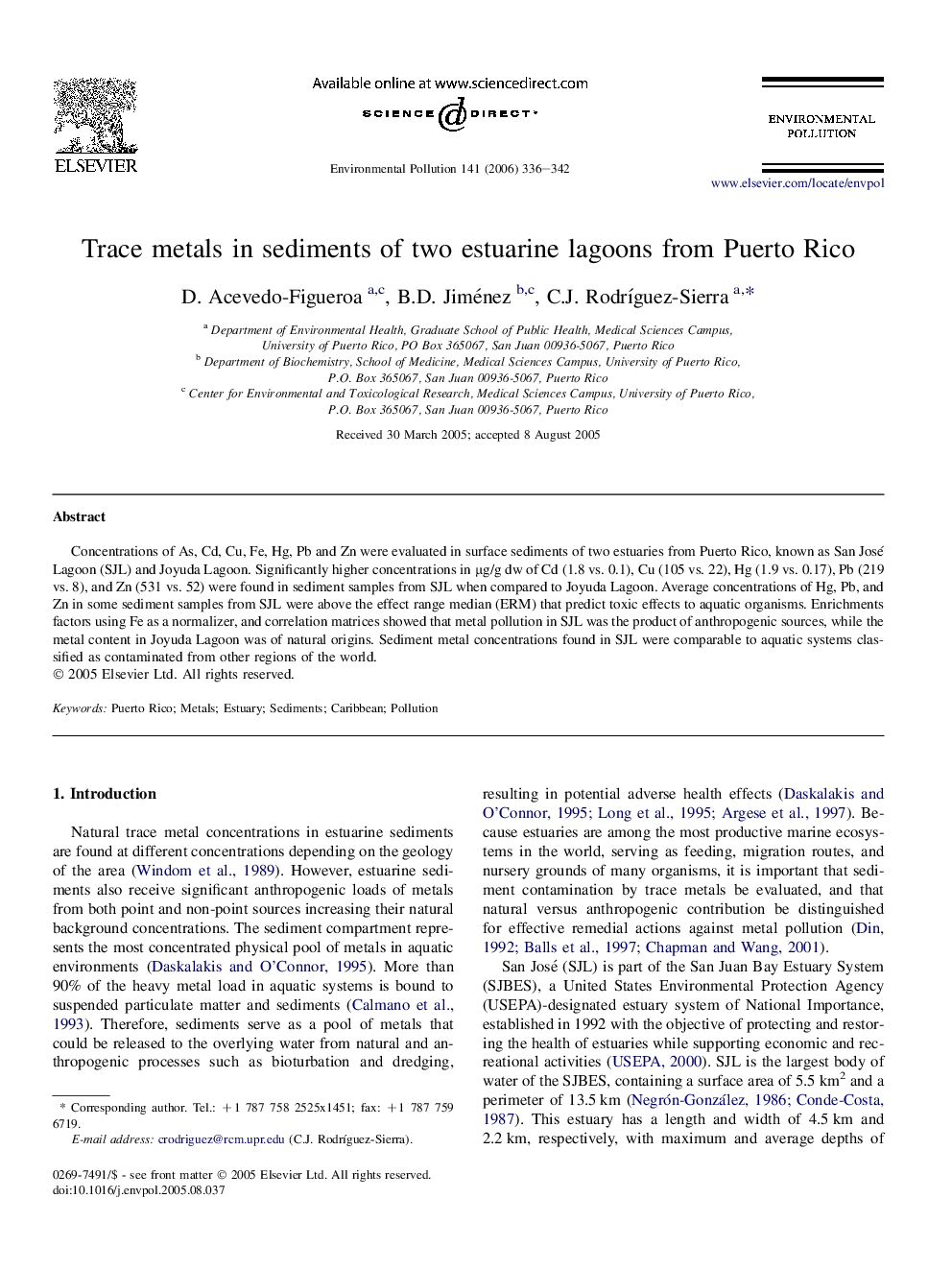 Trace metals in sediments of two estuarine lagoons from Puerto Rico