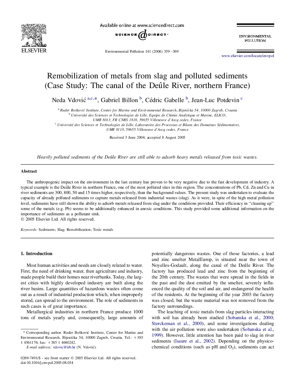 Remobilization of metals from slag and polluted sediments (Case Study: The canal of the Deûle River, northern France)