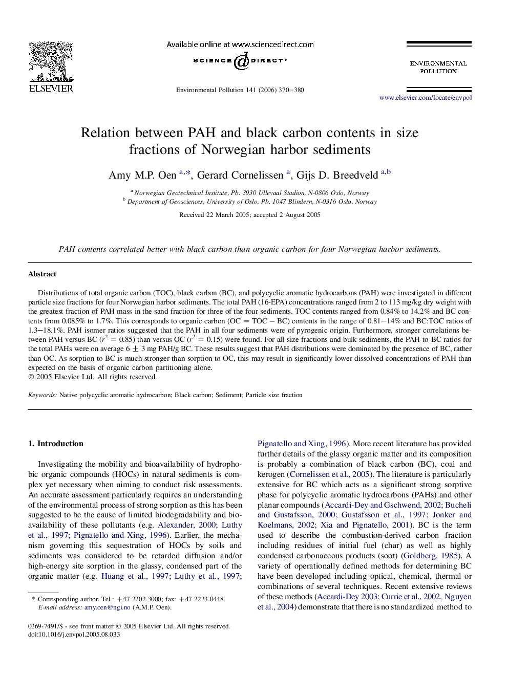 Relation between PAH and black carbon contents in size fractions of Norwegian harbor sediments