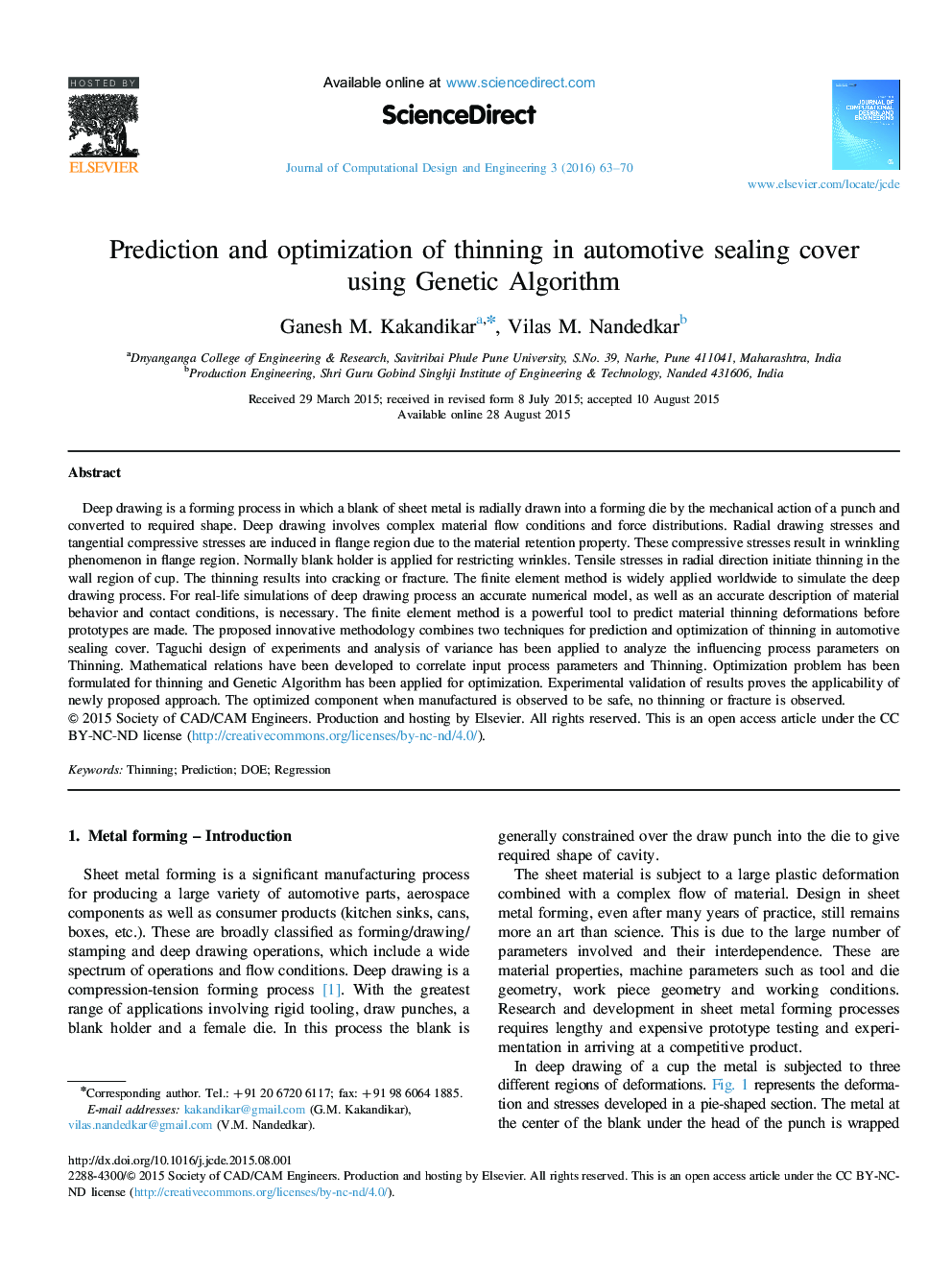 Prediction and optimization of thinning in automotive sealing cover using Genetic Algorithm