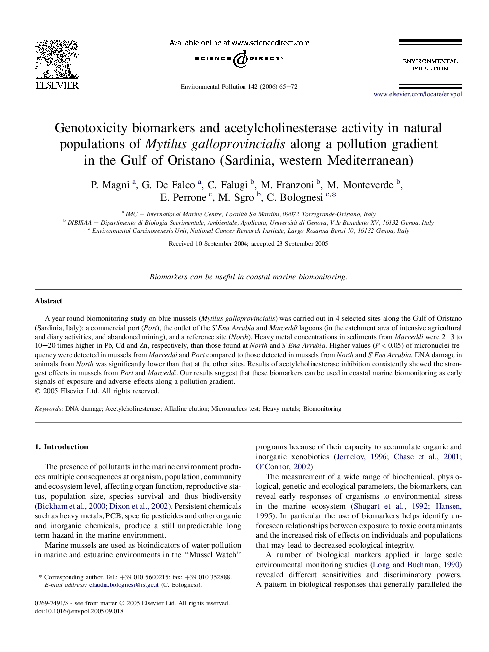 Genotoxicity biomarkers and acetylcholinesterase activity in natural populations of Mytilus galloprovincialis along a pollution gradient in the Gulf of Oristano (Sardinia, western Mediterranean)