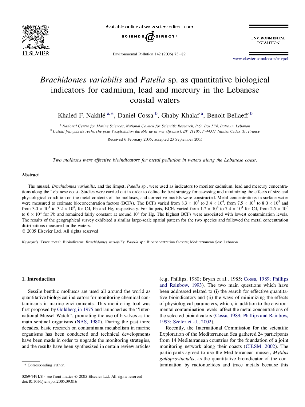 Brachidontes variabilis and Patella sp. as quantitative biological indicators for cadmium, lead and mercury in the Lebanese coastal waters