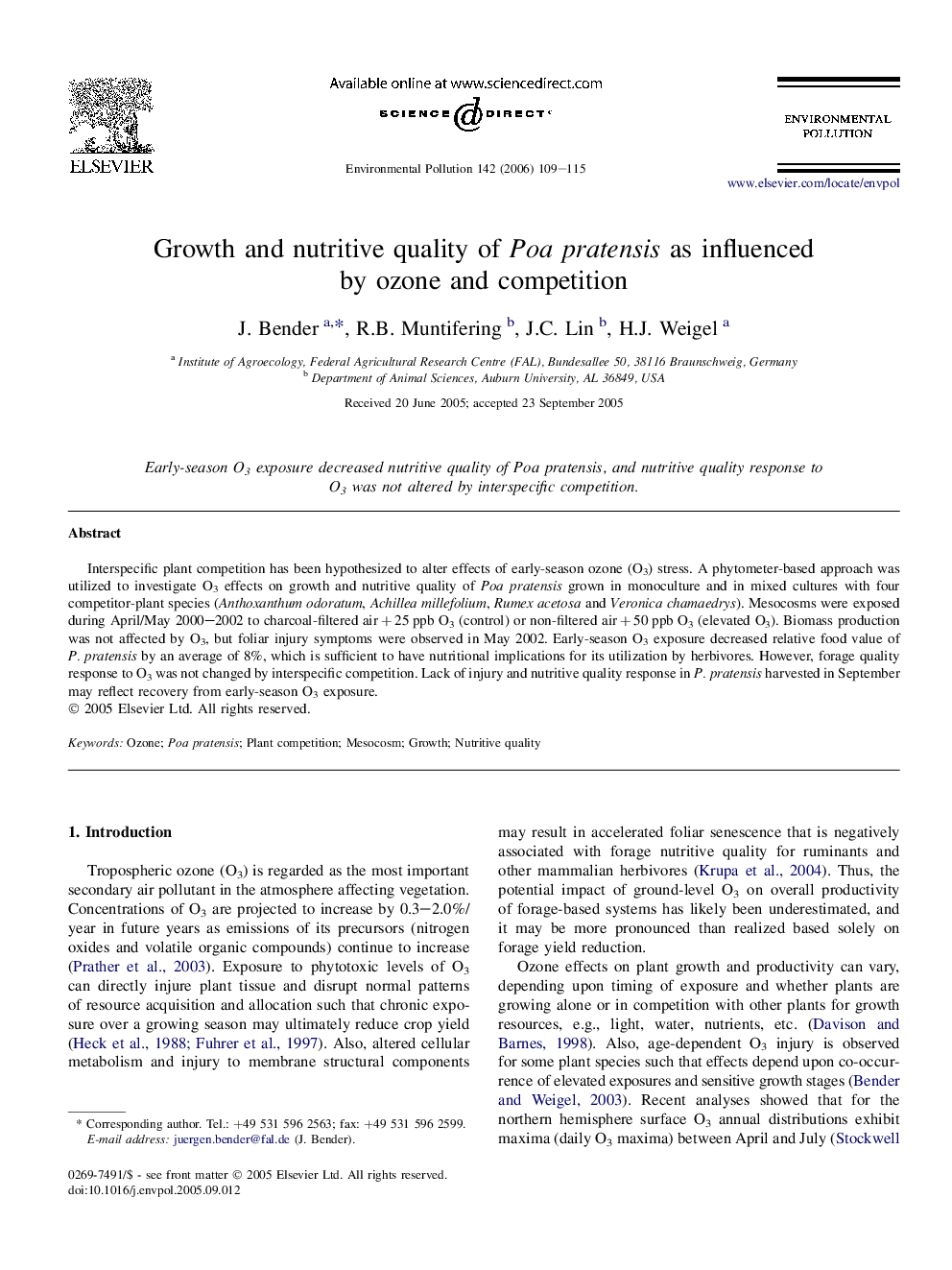 Growth and nutritive quality of Poa pratensis as influenced by ozone and competition