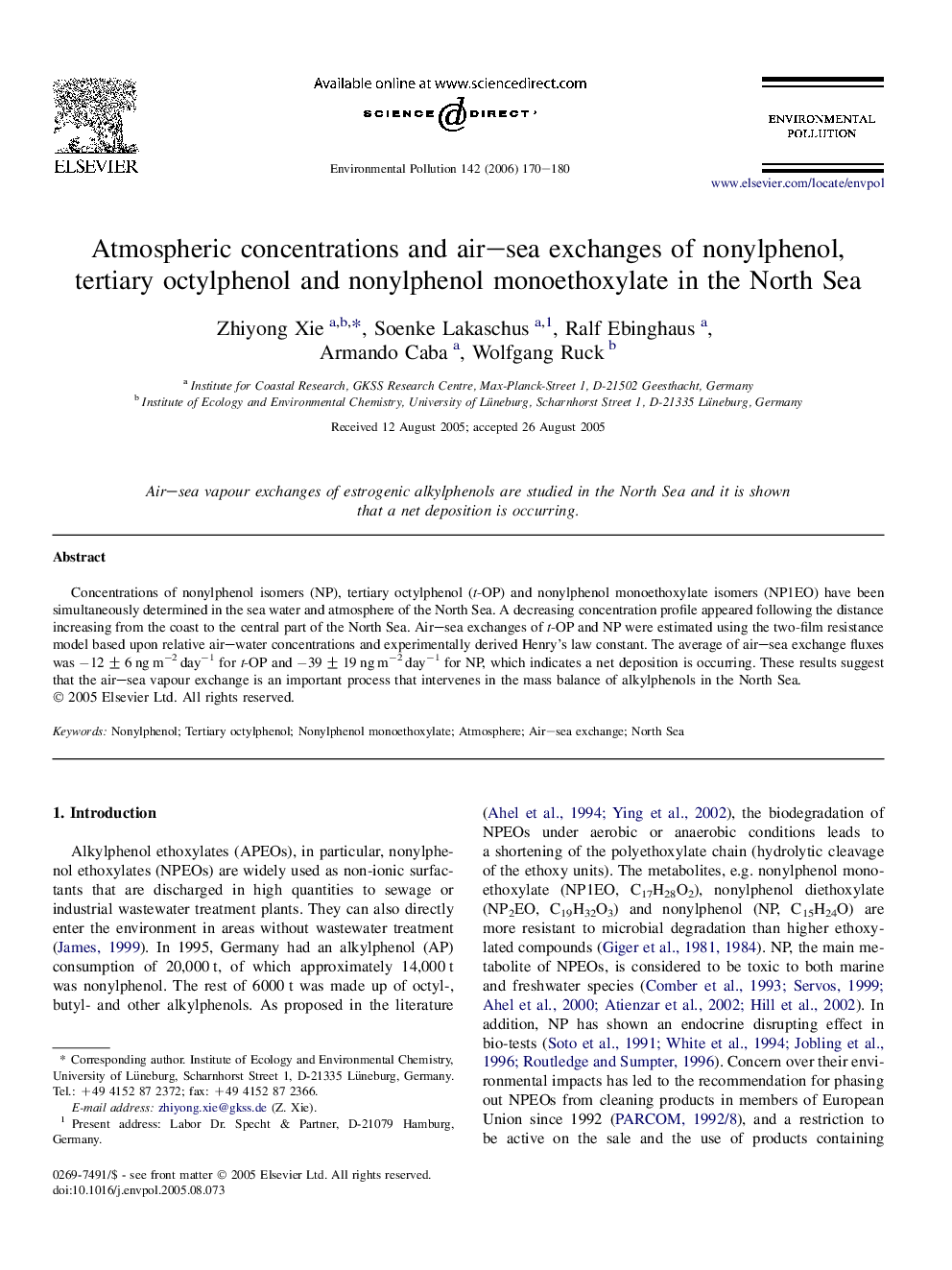 Atmospheric concentrations and air–sea exchanges of nonylphenol, tertiary octylphenol and nonylphenol monoethoxylate in the North Sea