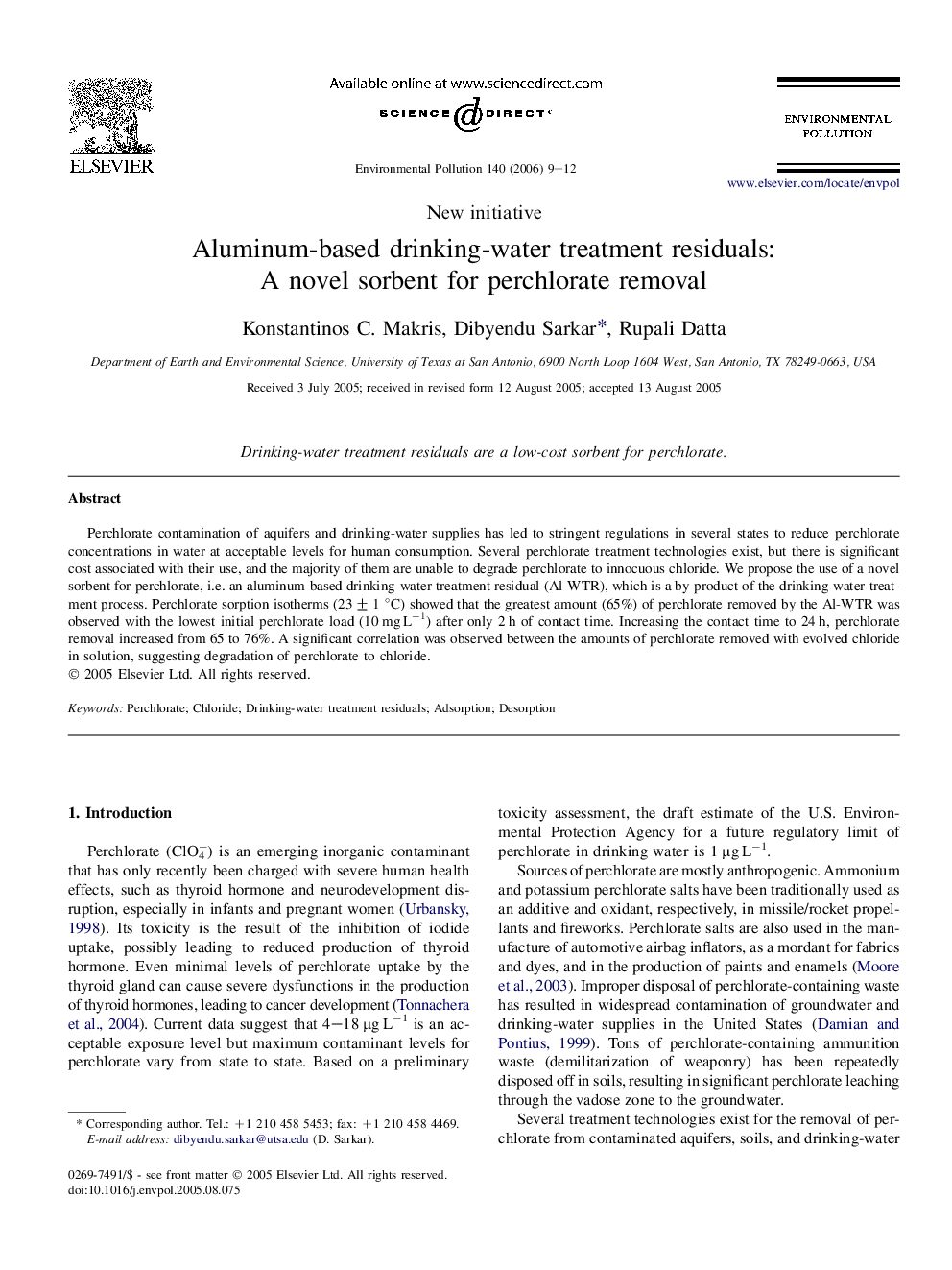 Aluminum-based drinking-water treatment residuals: A novel sorbent for perchlorate removal