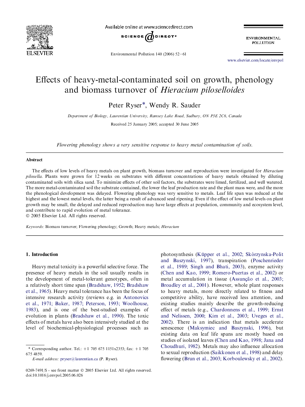 Effects of heavy-metal-contaminated soil on growth, phenology and biomass turnover of Hieracium piloselloides