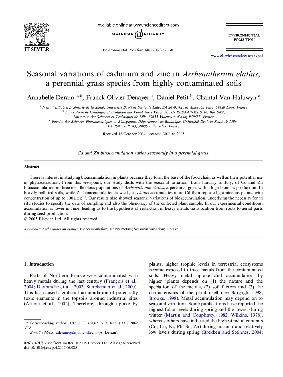 Seasonal variations of cadmium and zinc in Arrhenatherum elatius, a perennial grass species from highly contaminated soils